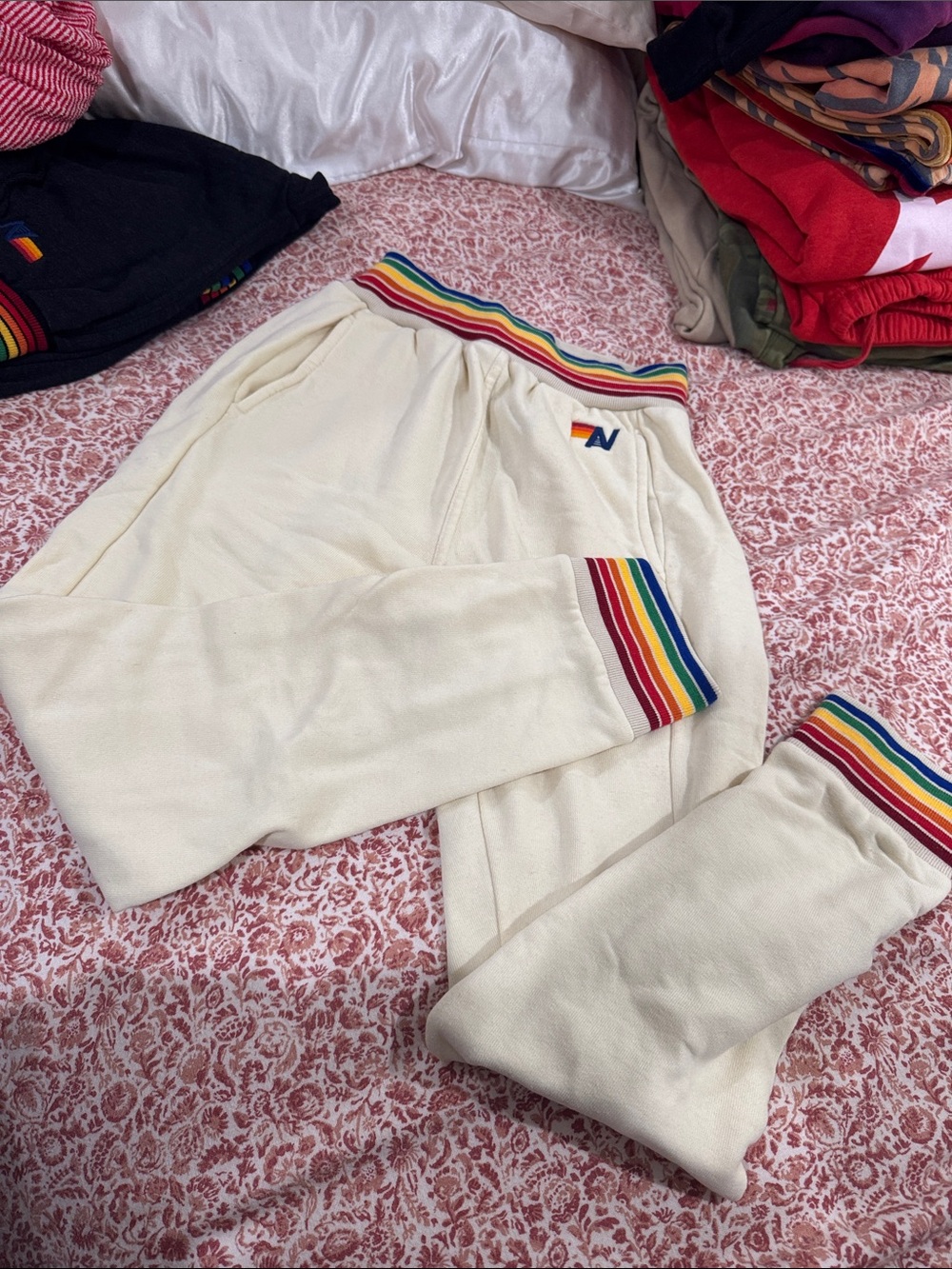 Aviator nation cream rainbow stripe joggers